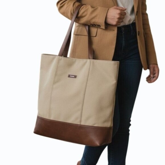 Tumi Handbags - Tumi Beige Canvas & Brown Leather Tote Bag With Rear Zip Pocket And Handles